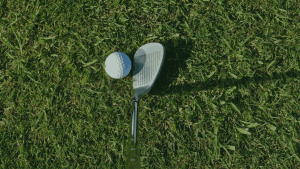 golf iron and ball on the grass