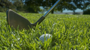 golf iron with ball on grass