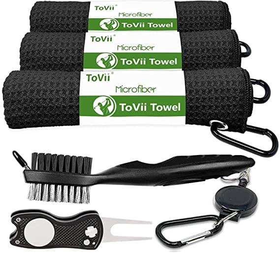 ToVii Microfiber Waffle Pattern Black Golf Towels and Accessories Set